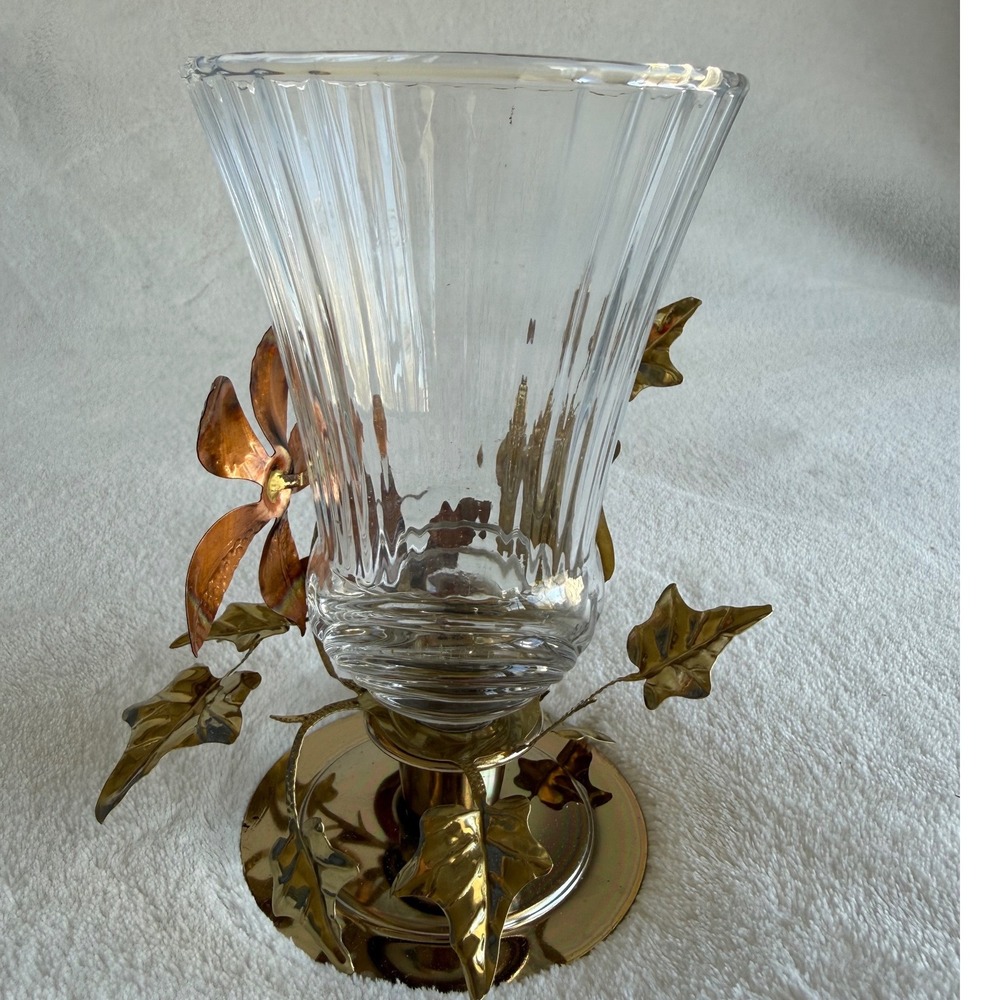 Vintage Homco Glass Candle Votive Sconce Copper Gold Leaves Brass Base Fairy - Picture 4 of 9